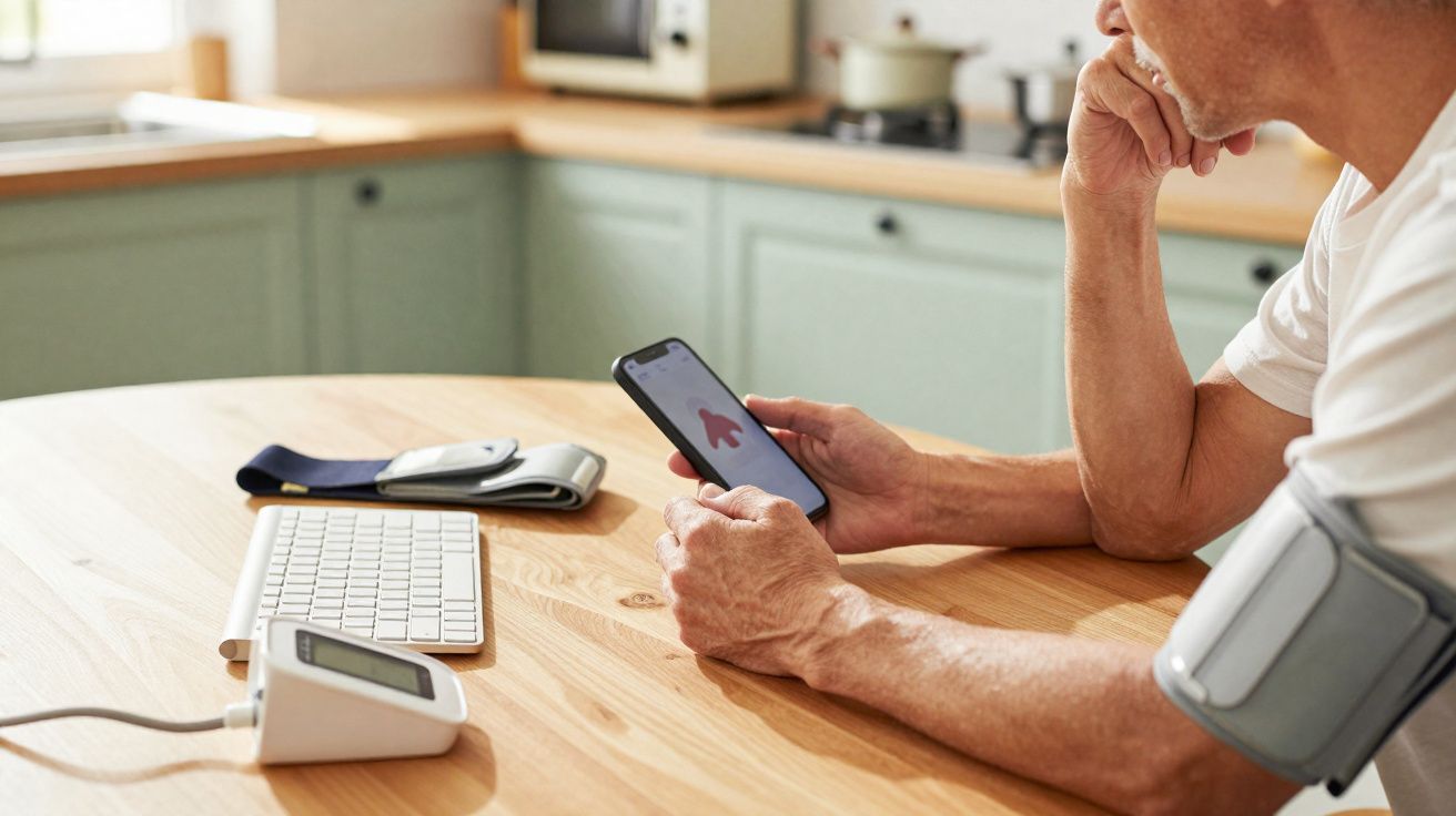 Homem usando monitor digital de pressão e conferindo dados no celular em cozinha iluminada.