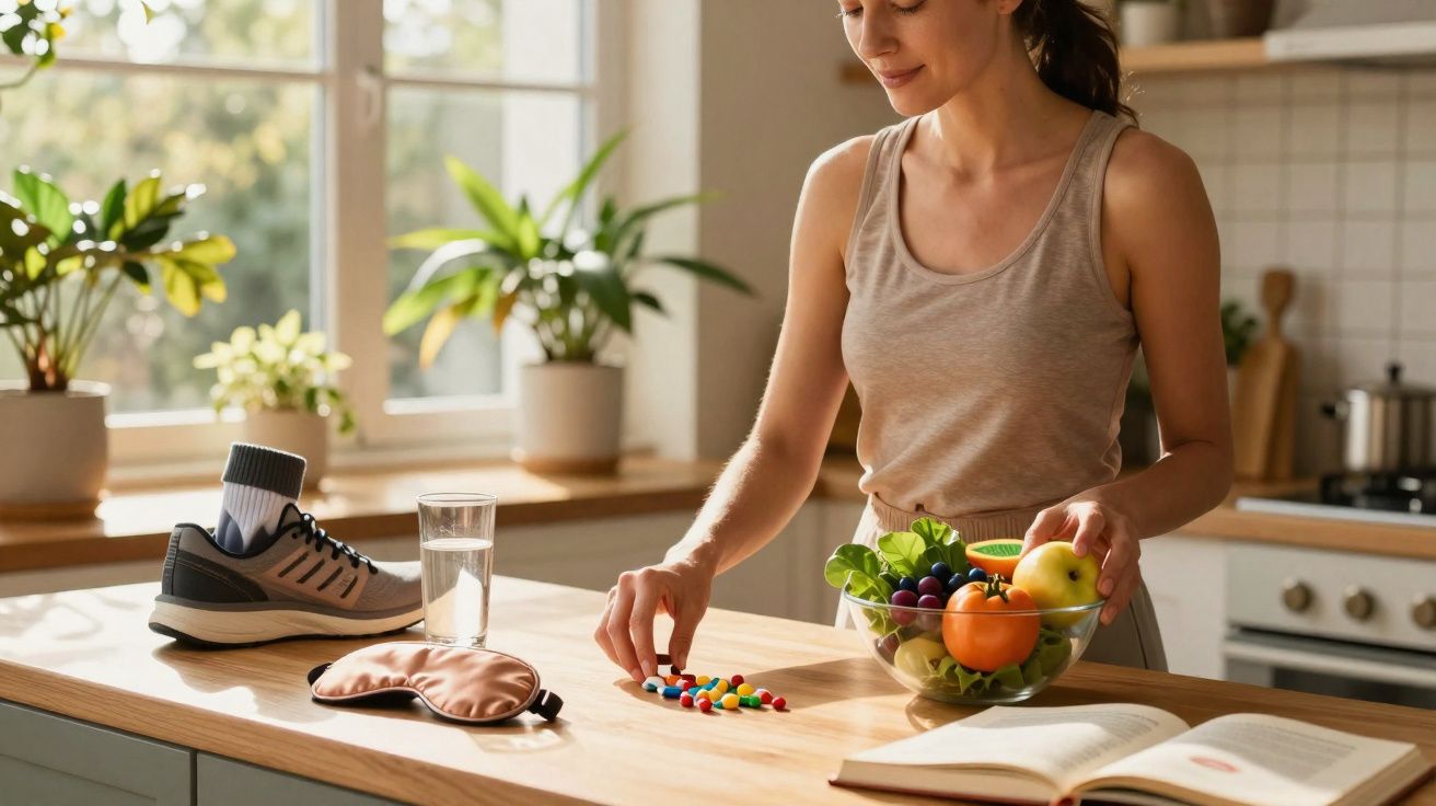 Mulher em cozinha com frutas, vitaminas, tênis, máscara de dormir e copo d'água sobre bancada.