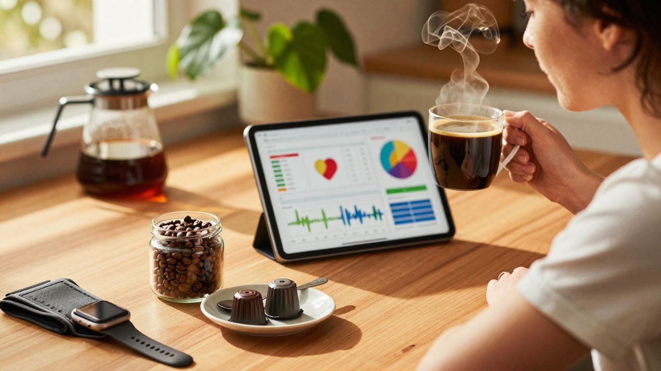 Pessoa segurando xícara de café quente próxima a tablet com gráficos em mesa com grãos e doces de café.