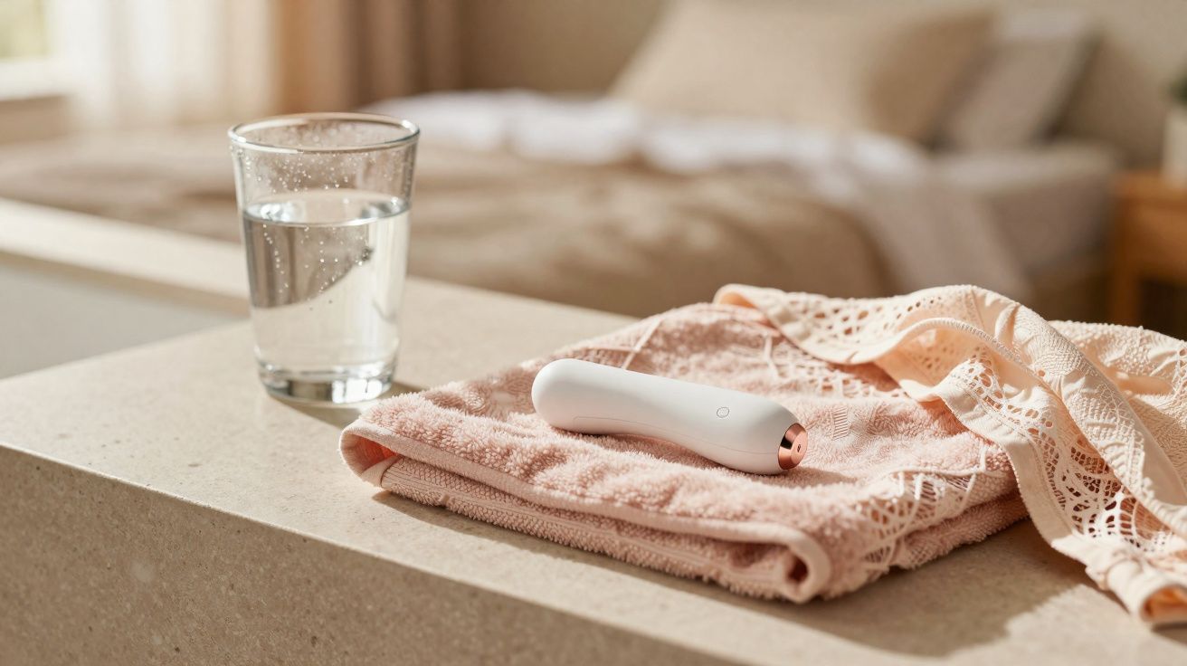 Toalha cor de rosa com aparelho branco, copo de água e lingerie delicada sobre bancada bege.