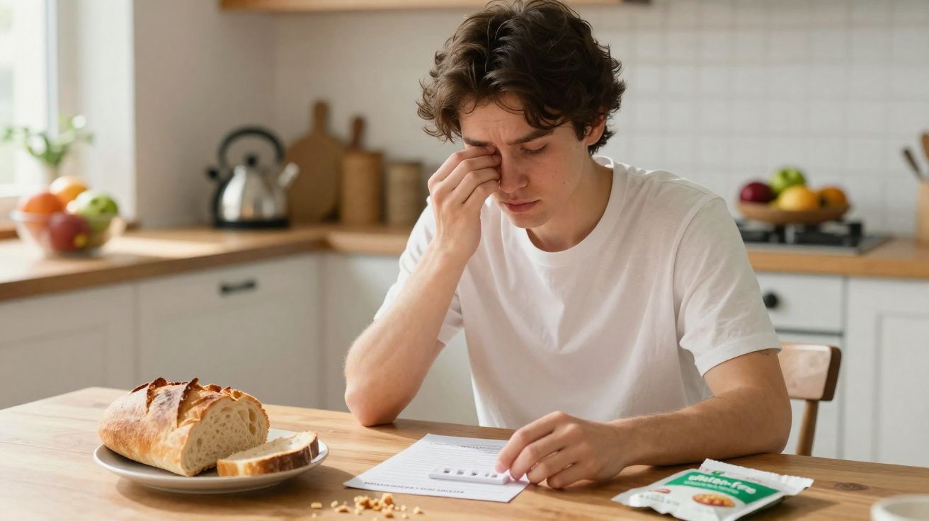 Homem jovem sentado à mesa da cozinha, com expressão cansada, segurando remédios e comprimidos.