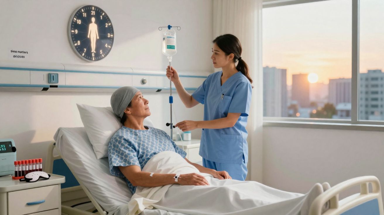 Paciente com touca hospitalar na cama recebe soro, enquanto enfermeira ajusta o equipamento em quarto iluminado.