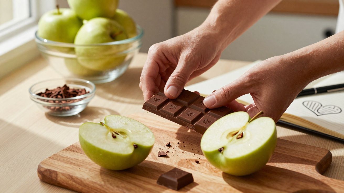 Mãos segurando barra de chocolate sobre tábua com maçã verde cortada ao meio e frutas no fundo.