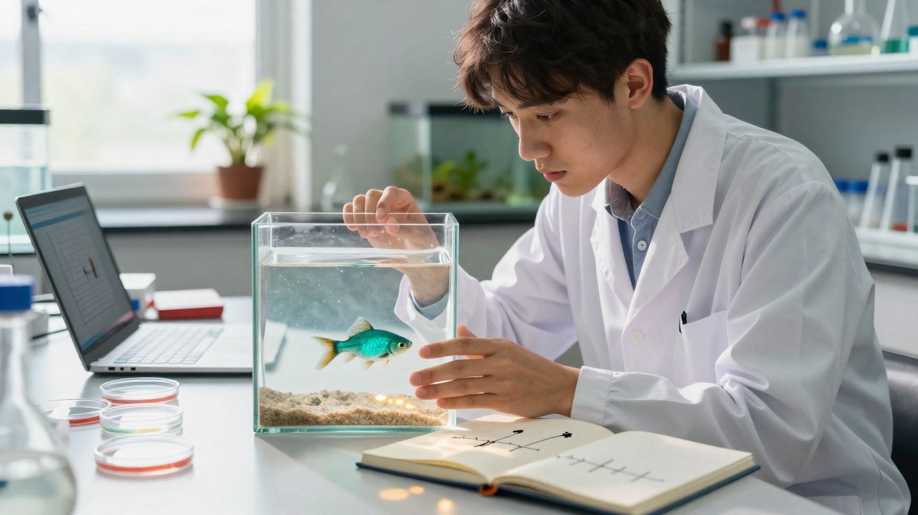 Jovem cientista em laboratório examina peixe em aquário transparente com livro aberto e laptop ao lado.