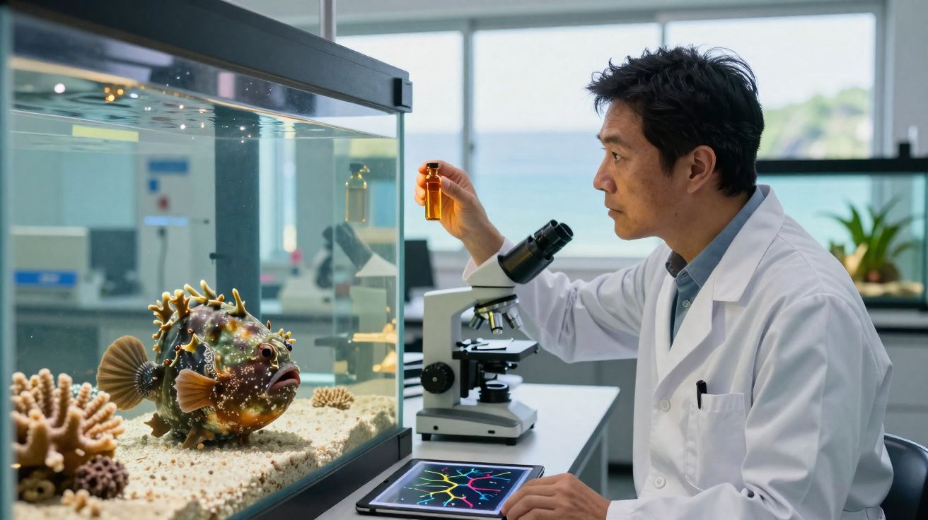 Cientista em jaleco branco observa frasco âmbar perto de aquário com peixe exótico e microscope em laboratório.