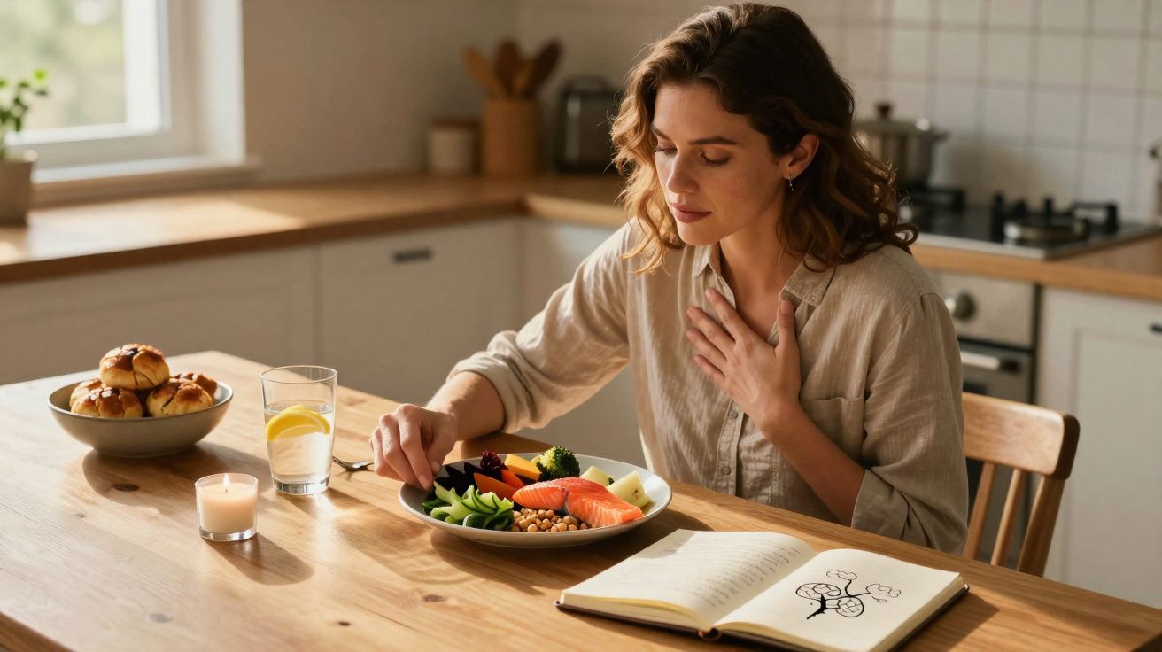 Mulher sentada à mesa na cozinha com prato de comida saudável, livro aberto e copo de água com limão.
