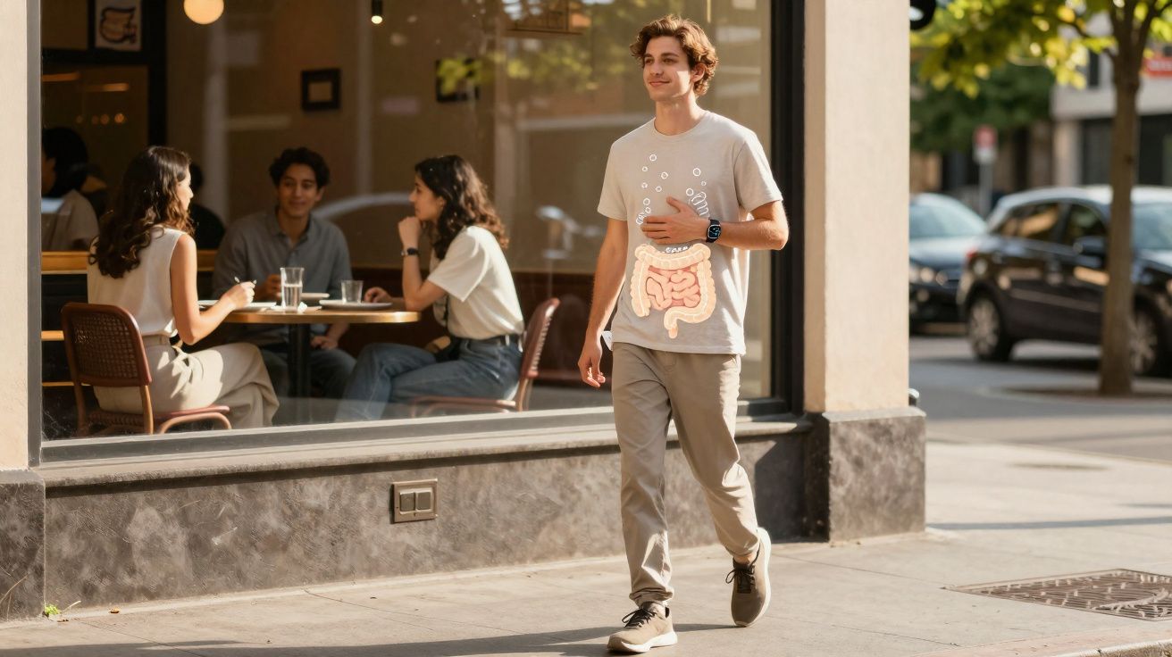 Jovem caminhando na rua com ilustração do sistema digestivo na camiseta em destaque.