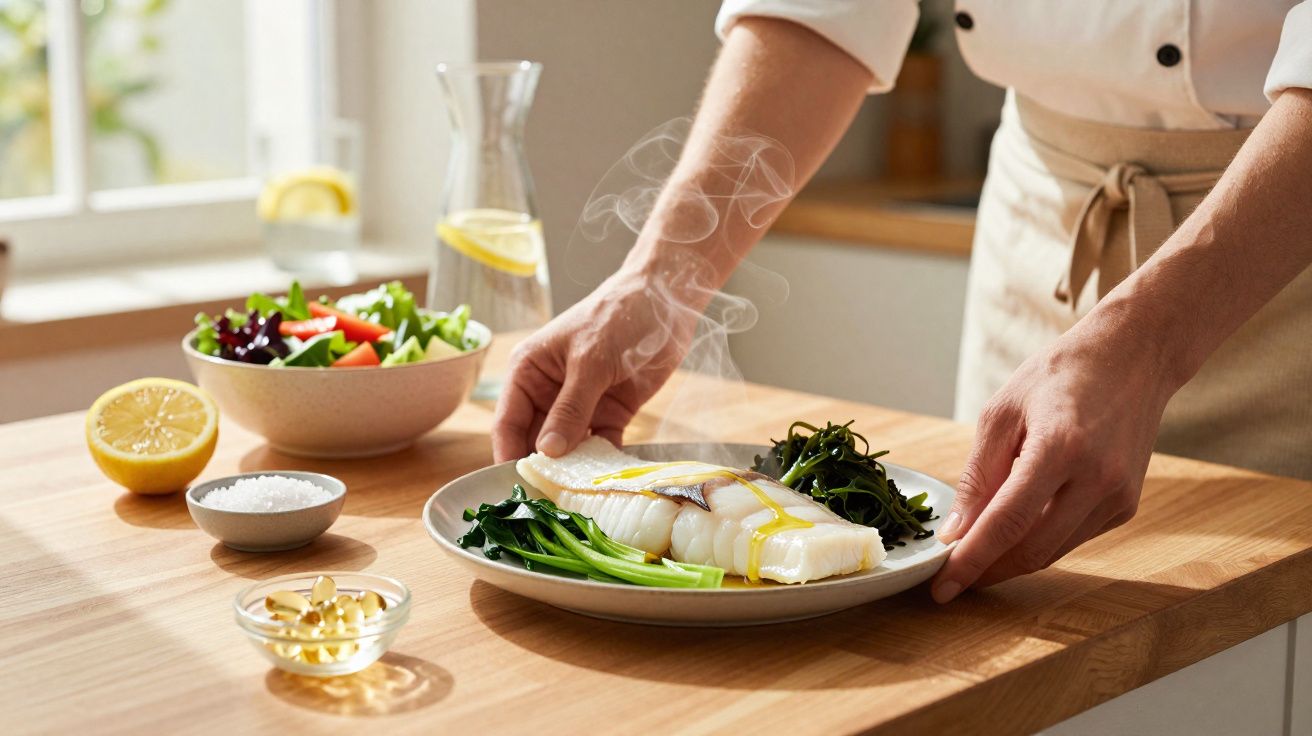 Pessoa servindo prato com peixe cozido, legumes e salada na mesa de madeira iluminada pelo sol.