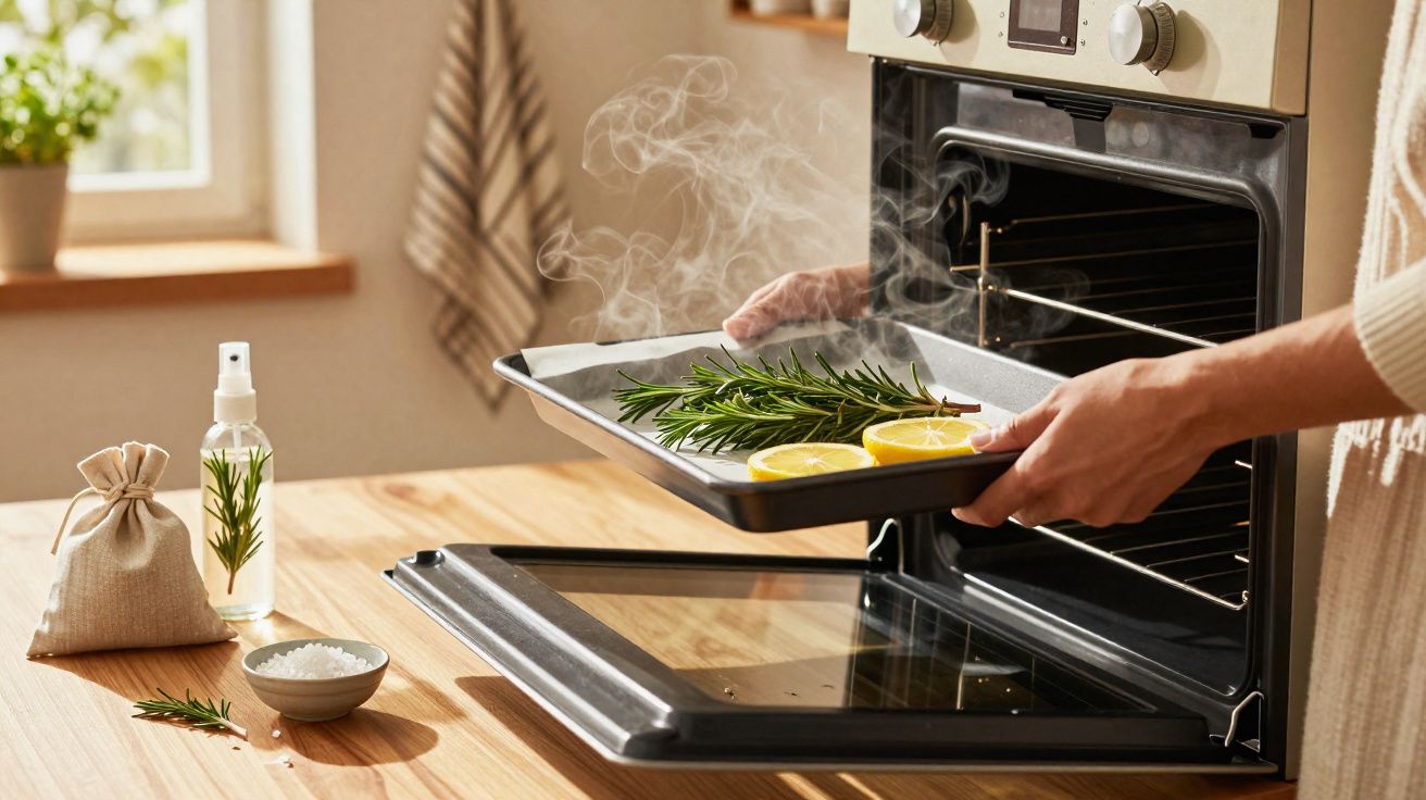 Pessoa retirando bandeja com ramos de alecrim e fatias de limão fumegantes do forno em cozinha iluminada.