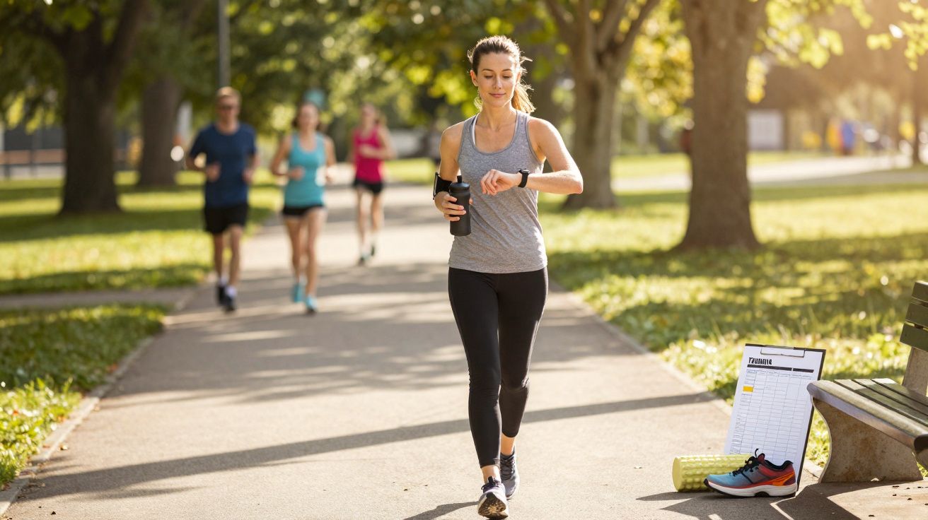 Mulher correndo em parque ensolarado, verificando relógio, com grupo correndo ao fundo.