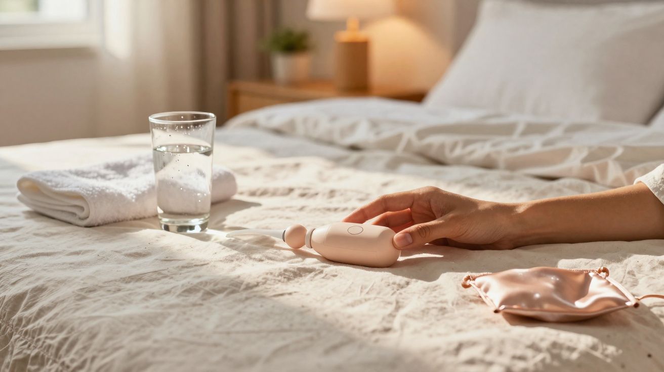 Mão feminina segurando massageador em cama com copo d'água, toalha e máscara de dormir rosa ao lado.