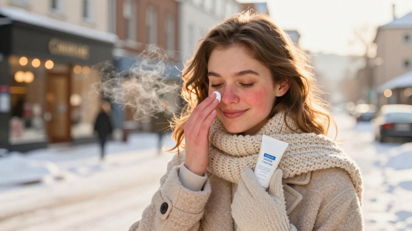 Mulher com bochechas vermelhas aplicando creme hidratante facial em ambiente frio e neve ao fundo.