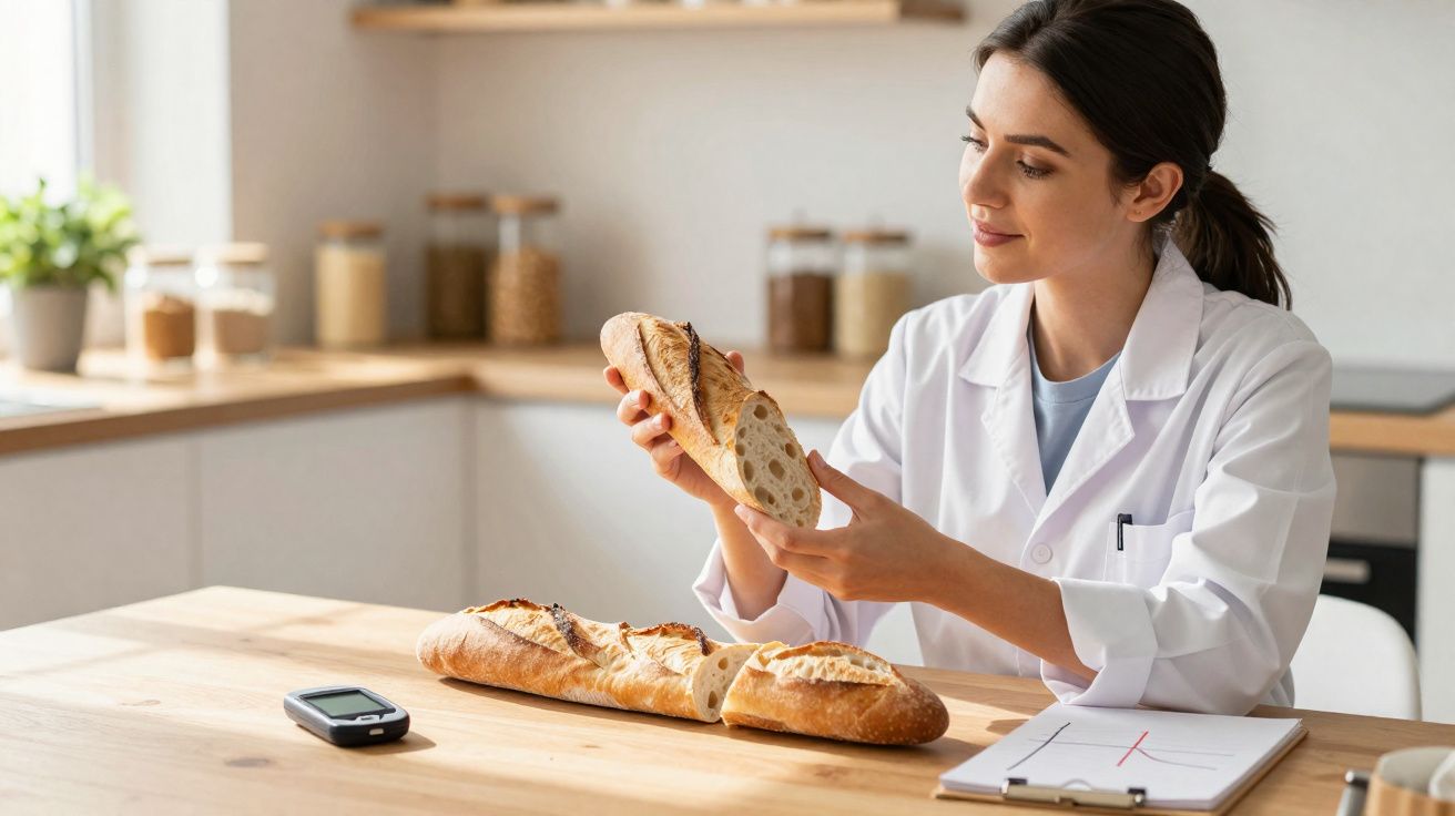 Mulher de jaleco branco analisando pedaço de pão em cozinha, com baguetes e medidor ao lado.