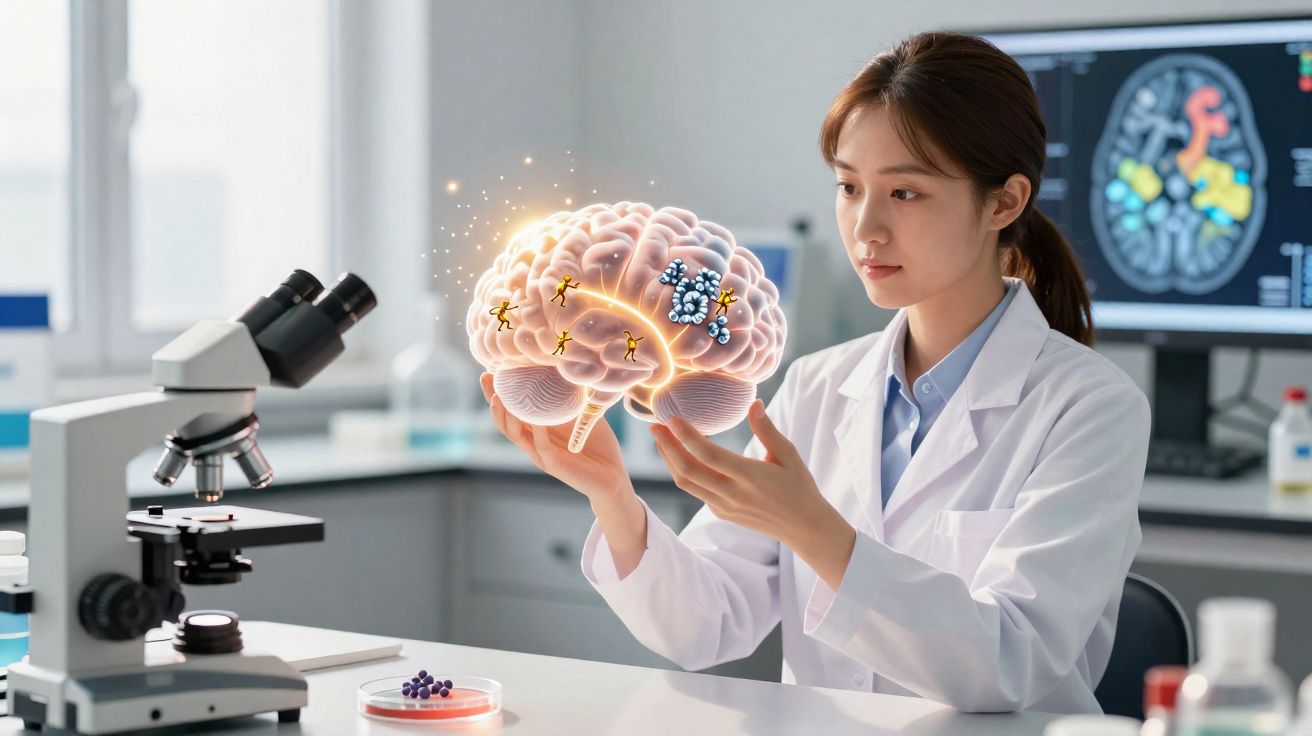 Mulher cientista em laboratório segurando holograma de cérebro com células e partículas brilhantes.