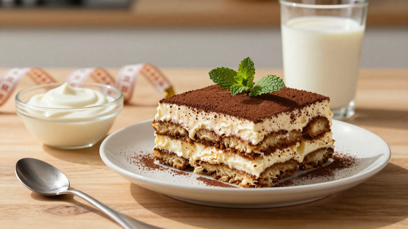 Pedaço de tiramisu com folhas de hortelã, cacau polvilhado, colher, copo de leite e creme ao fundo.