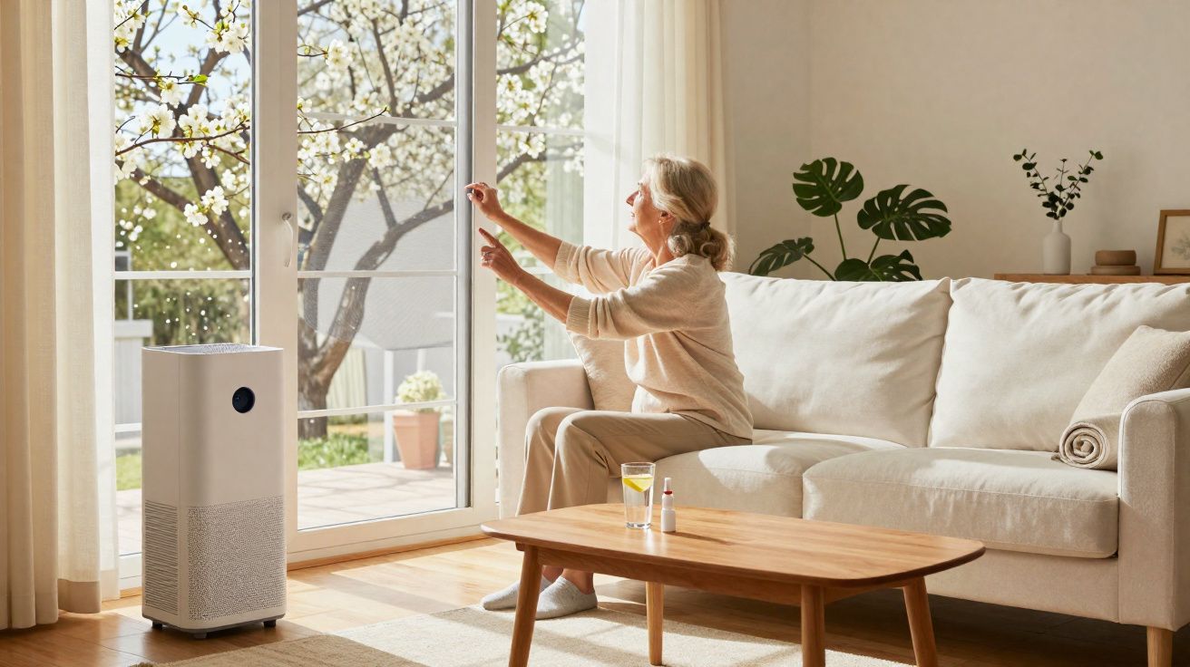 Mulher idosa abrindo porta deslizante para varanda, em sala iluminada, com purificador de ar e sofá branco.
