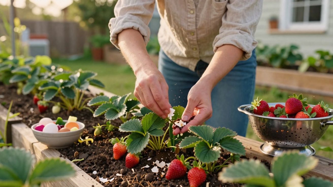 Pessoa colhendo morangos frescos em uma horta caseira durante o dia.