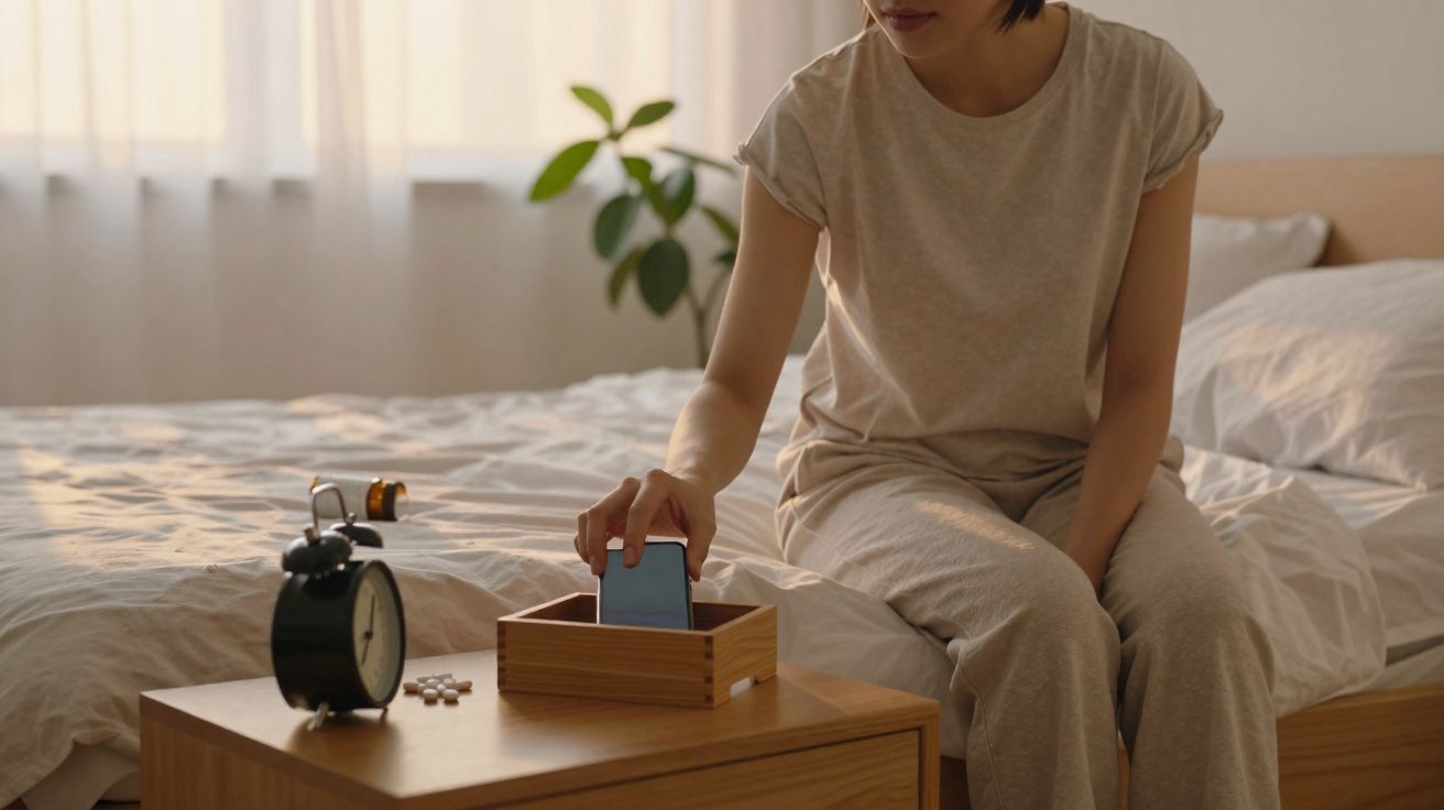 Mulher sentada na cama guardando o celular em uma caixa de madeira ao lado do despertador e remédios.
