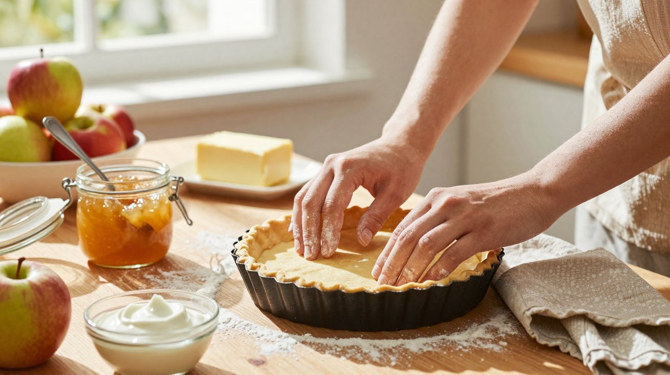 Mãos moldando massa de torta em forma com ingredientes e frutas sobre mesa de madeira.