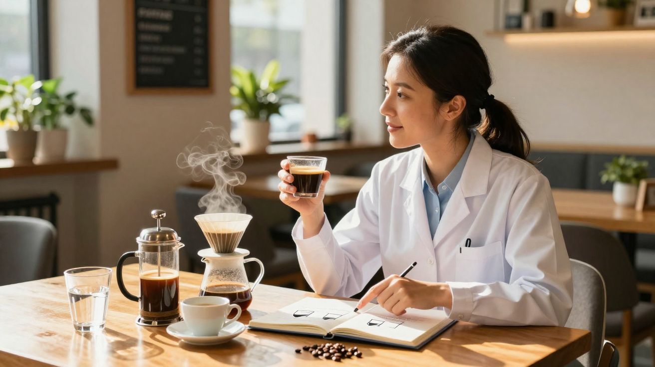 Mulher de jaleco branco sentada à mesa, segurando café e olhando para a janela em cafeteria.