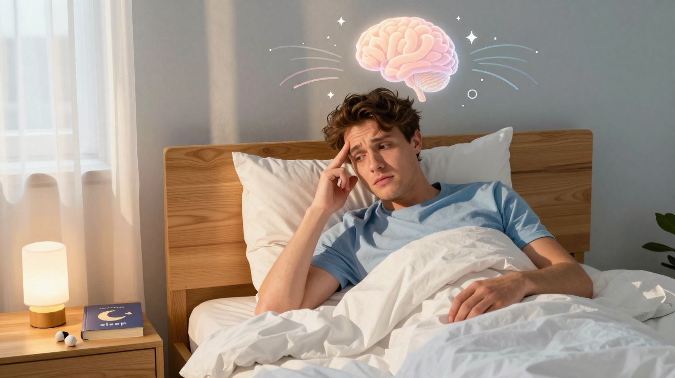 Homem deitado na cama com expressão preocupada e ilustração de cérebro acima da cabeça.