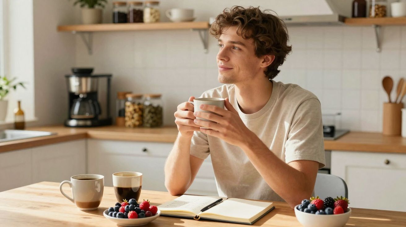 Jovem sentado à mesa na cozinha tomando café e olhando pensativo, com caderno aberto e frutas à frente.