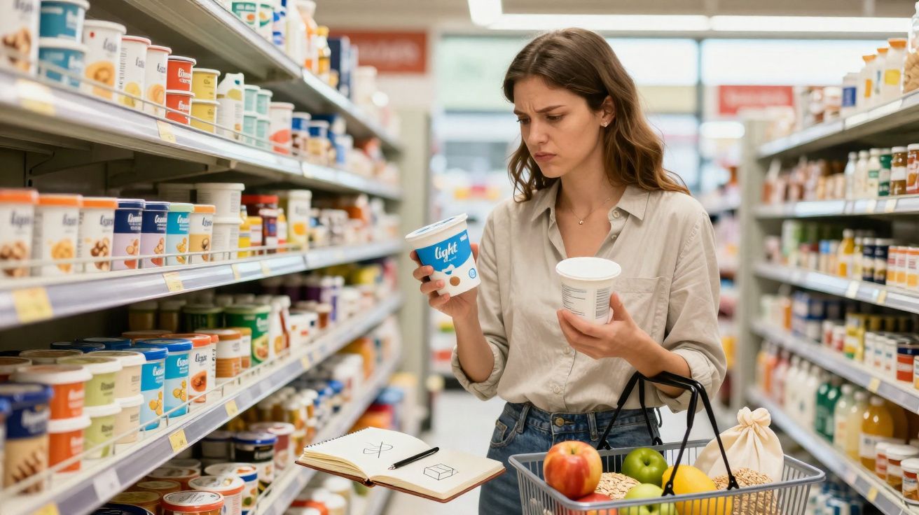 Mulher confusa compara potes de iogurte no corredor de supermercado, carrinho com frutas ao lado.