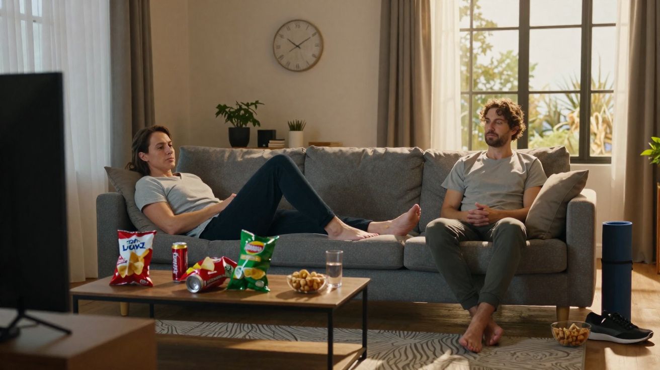 Casal sentado no sofá da sala assistindo TV com petiscos e bebida na mesa de centro.