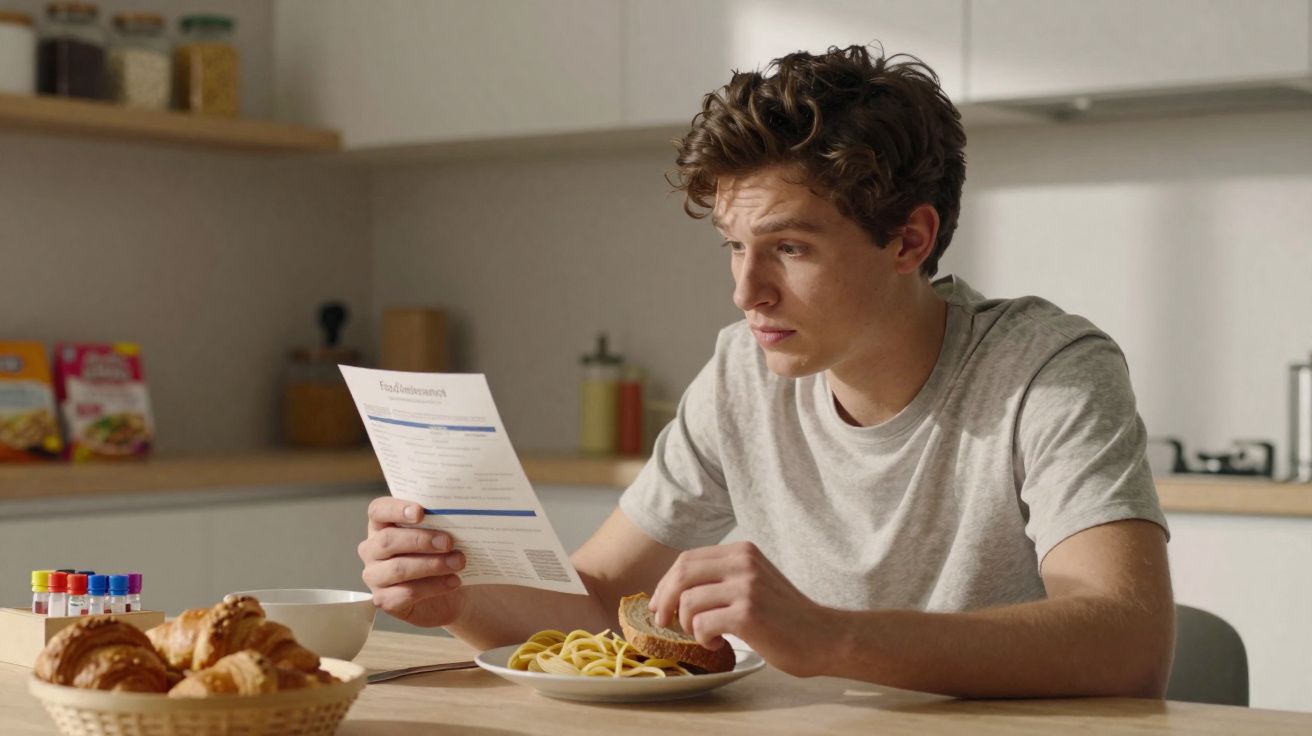 Homem jovem sentado à mesa, comendo macarrão e lendo um documento em uma cozinha moderna.