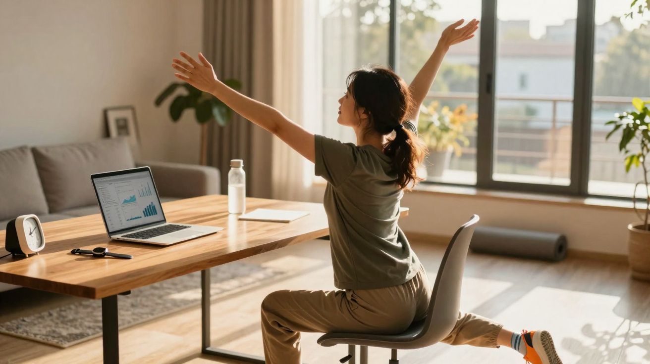 Mulher fazendo alongamento sentado em cadeira, em ambiente iluminado com laptop em mesa de trabalho.