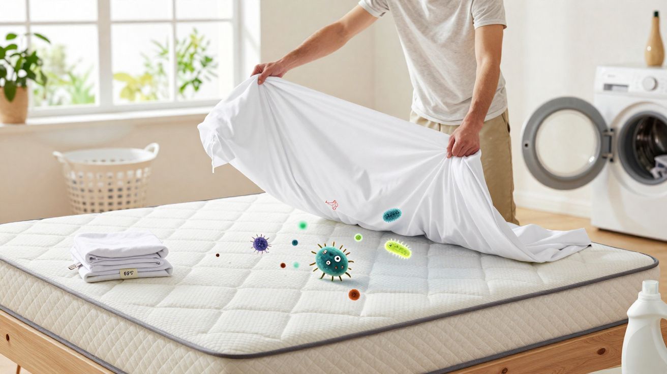 Pessoa trocando roupa de cama sobre colchão com vírus e bactérias ilustrados na superfície.