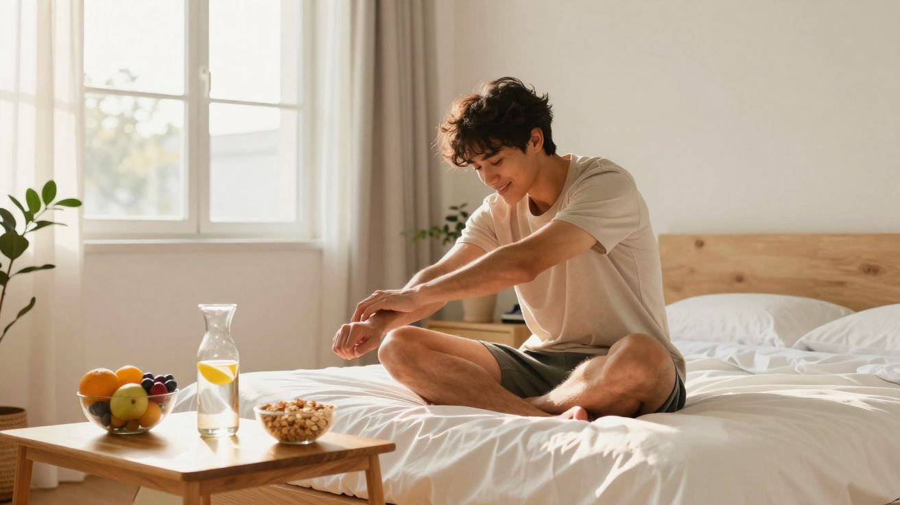 Homem sentado na cama branca, alongando os braços em quarto iluminado pela manhã.
