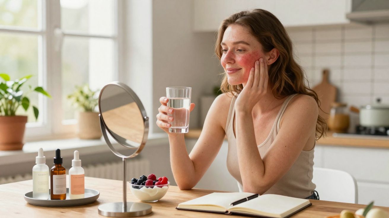 Mulher com rosácea no rosto segurando copo d'água e tocando a face sentada à mesa com espelho e produtos de pele.