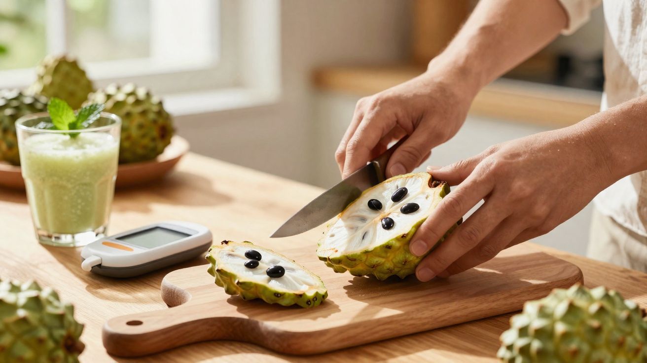 Pessoa cortando fruta graviola com faca sobre tábua de madeira na mesa da cozinha.