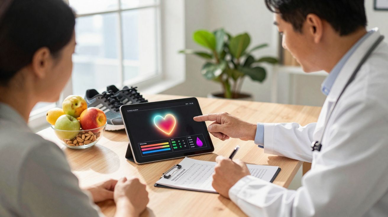 Médico conversando com paciente e mostrando dados de saúde com imagem de coração em tablet na mesa.
