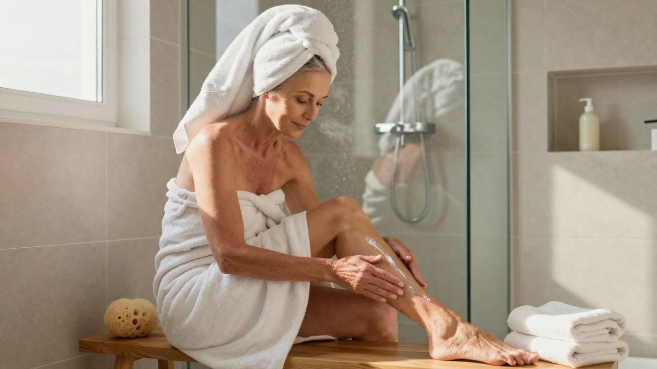 Mulher madura com toalha no corpo e na cabeça aplicando creme nas pernas no banheiro iluminado.