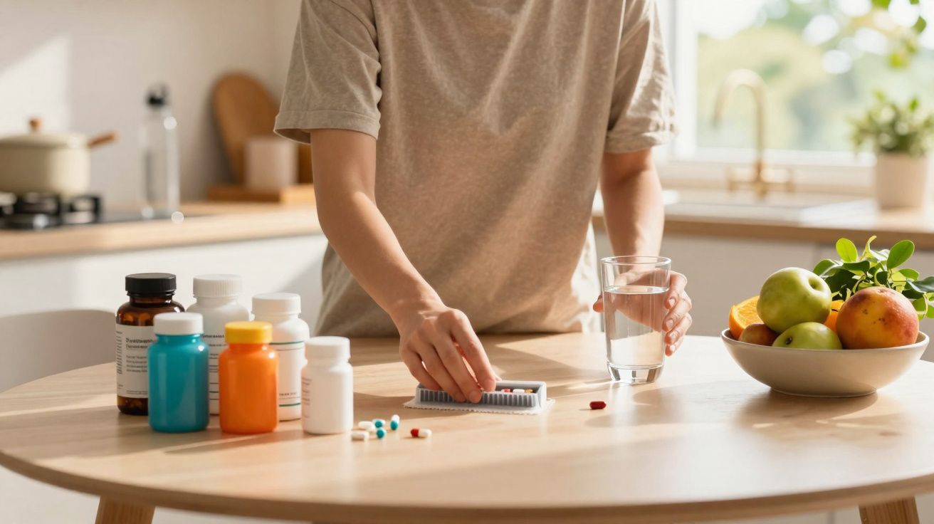 Pessoa organizando comprimidos com um copo de água em uma cozinha com frutas sobre a mesa.
