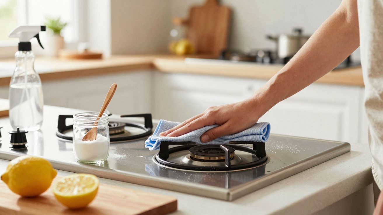 Pessoa limpando fogão de inox com pano azul em cozinha clara, com limão e frasco de limpeza ao fundo.