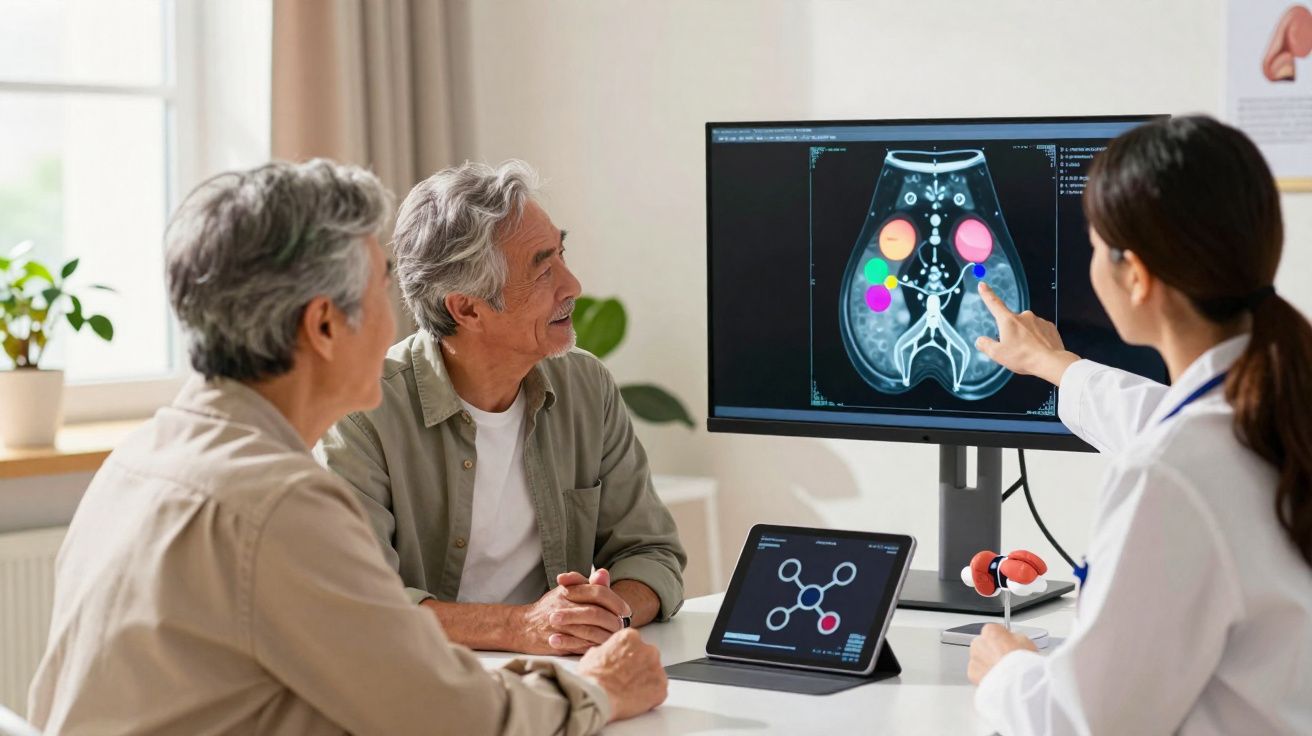 Médica analisando exames de imagem abdominal com casal idoso em consulta no consultório.