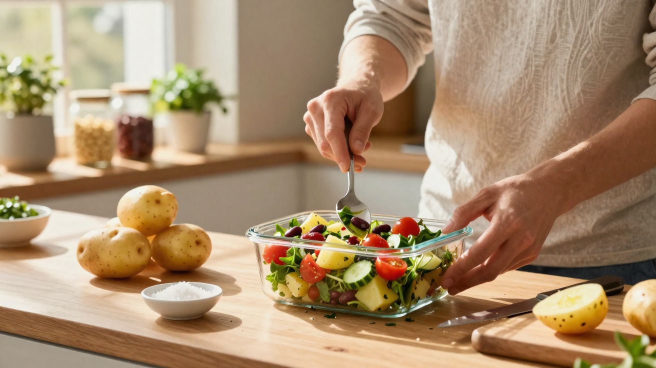 Pessoa preparando salada fresca com legumes variados em tigela de vidro na cozinha iluminada