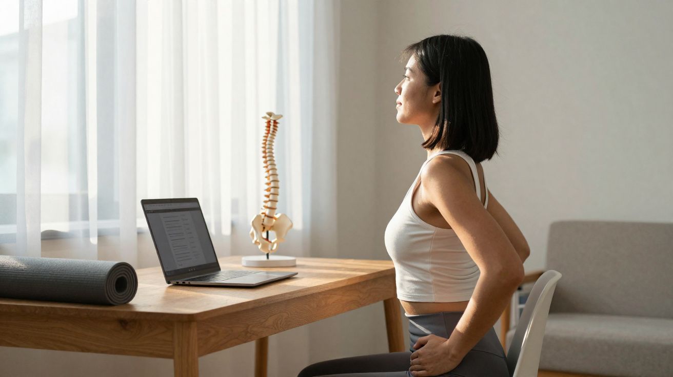 Mulher fazendo alongamento sentado para aliviar dores lombares em ambiente com laptop e modelo de coluna.