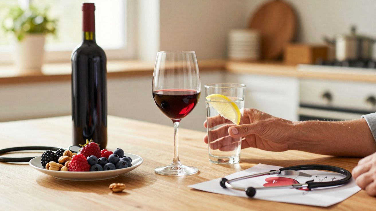 Mão segurando copo com água e limão, taça de vinho tinto, garrafa, frutas e estetoscópio na mesa.