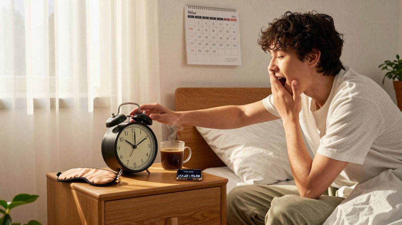 Jovem acordando na cama, bocejando e desligando despertador em mesa com café e celular.