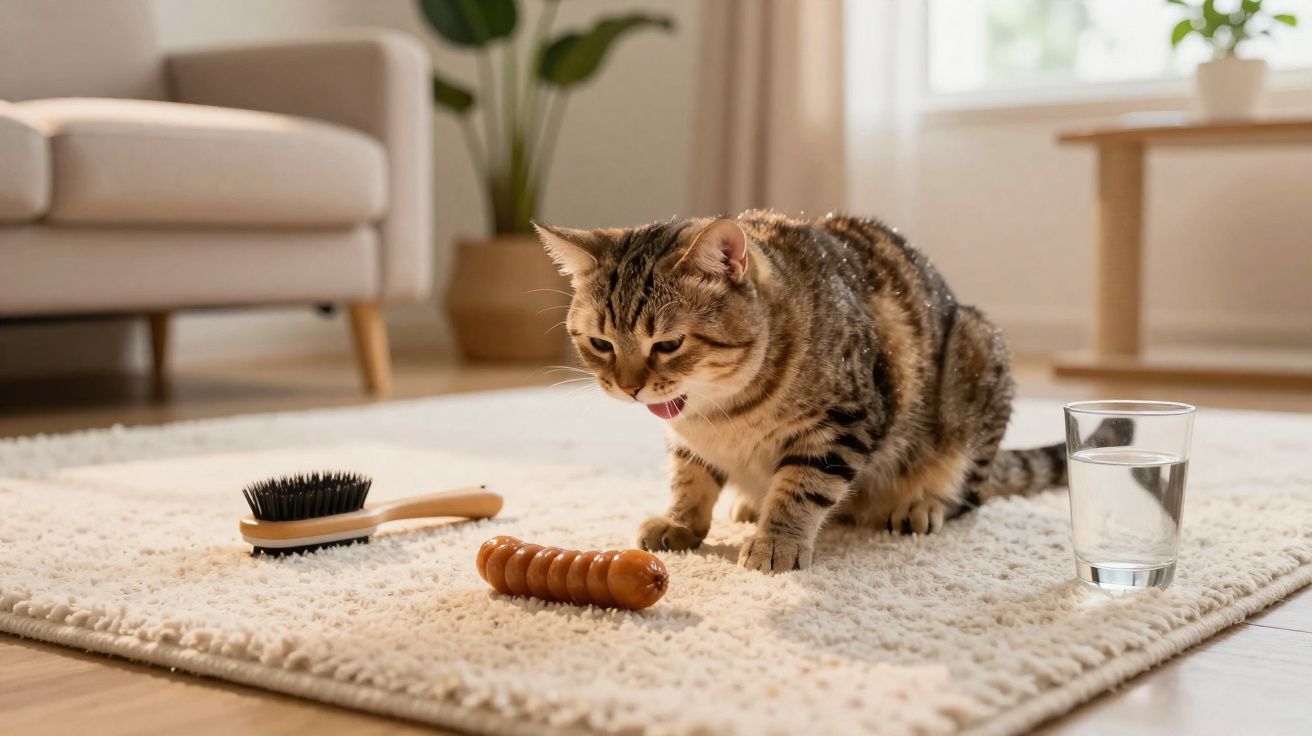 Gato marrom e preto observa brinquedo no tapete, com escova e copo d’água ao lado.