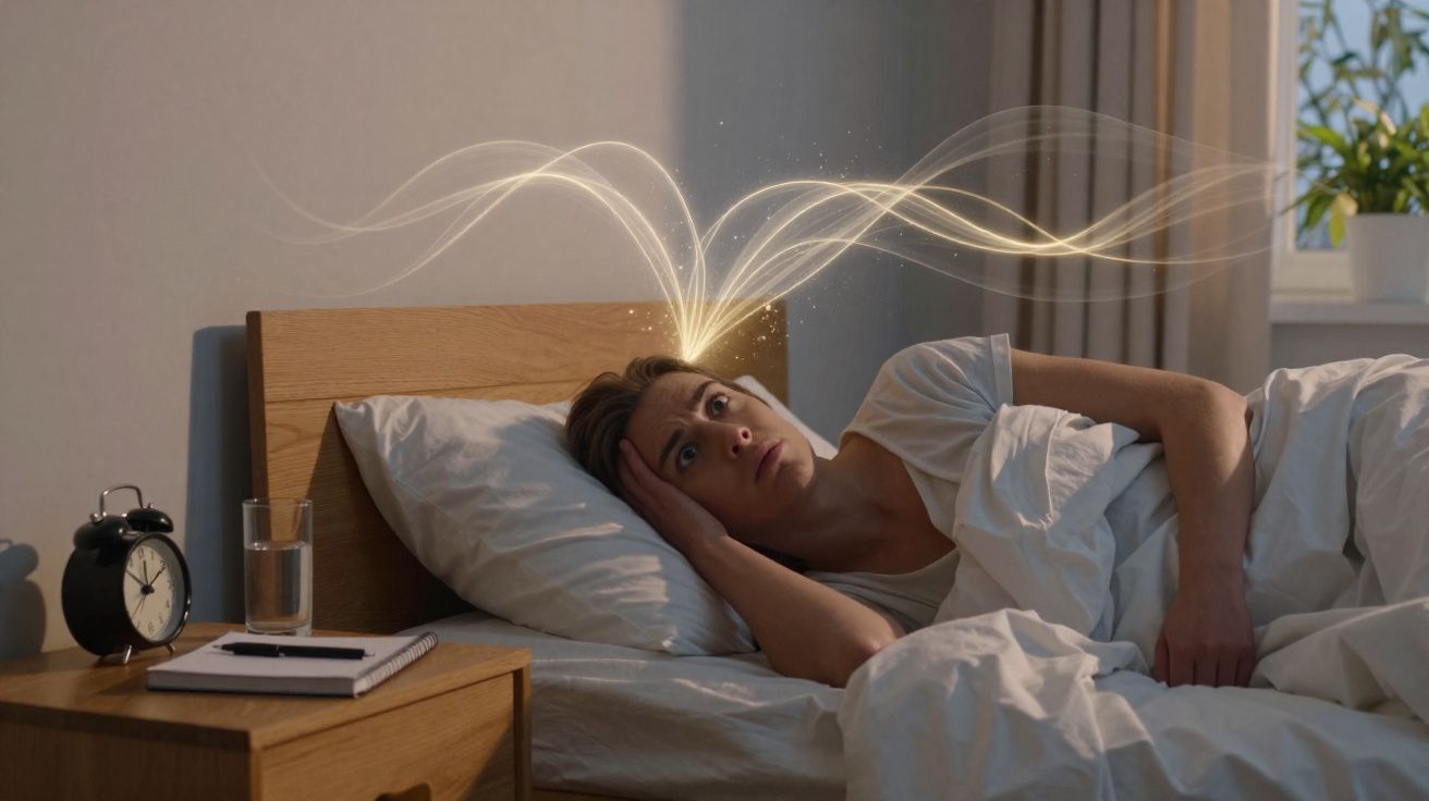 Mulher deitada na cama com olhar pensativo e linhas luminosas saindo da cabeça simbolizando pensamentos.