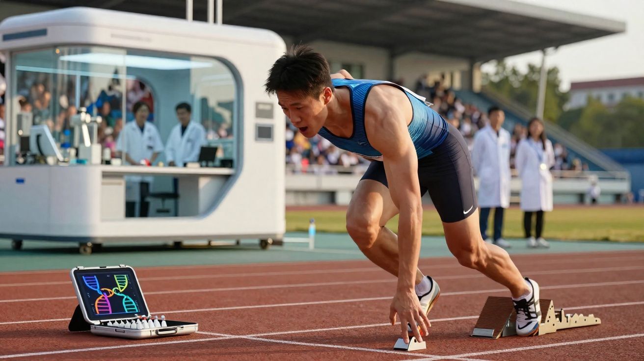 Atleta na largada de corrida em pista com laptop mostrando imagem de DNA ao lado.