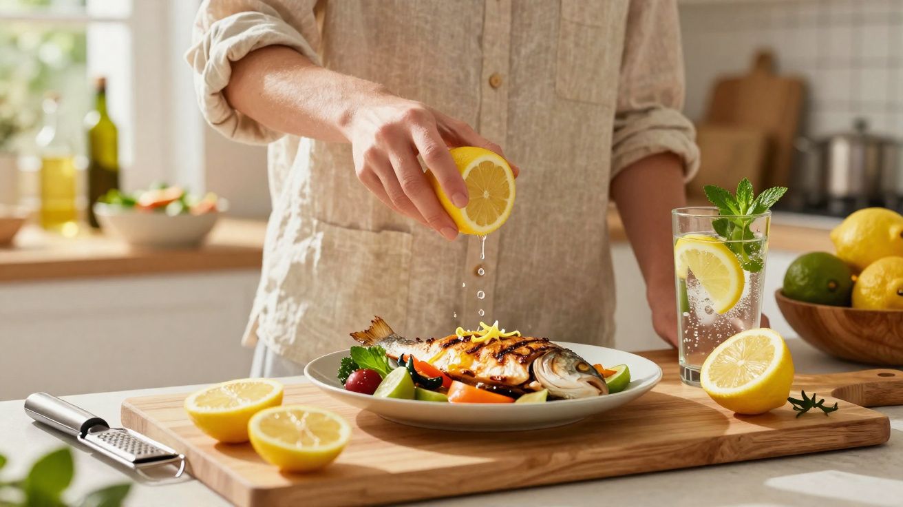 Pessoa espremendo limão sobre peixe grelhado com legumes em prato na cozinha iluminada.