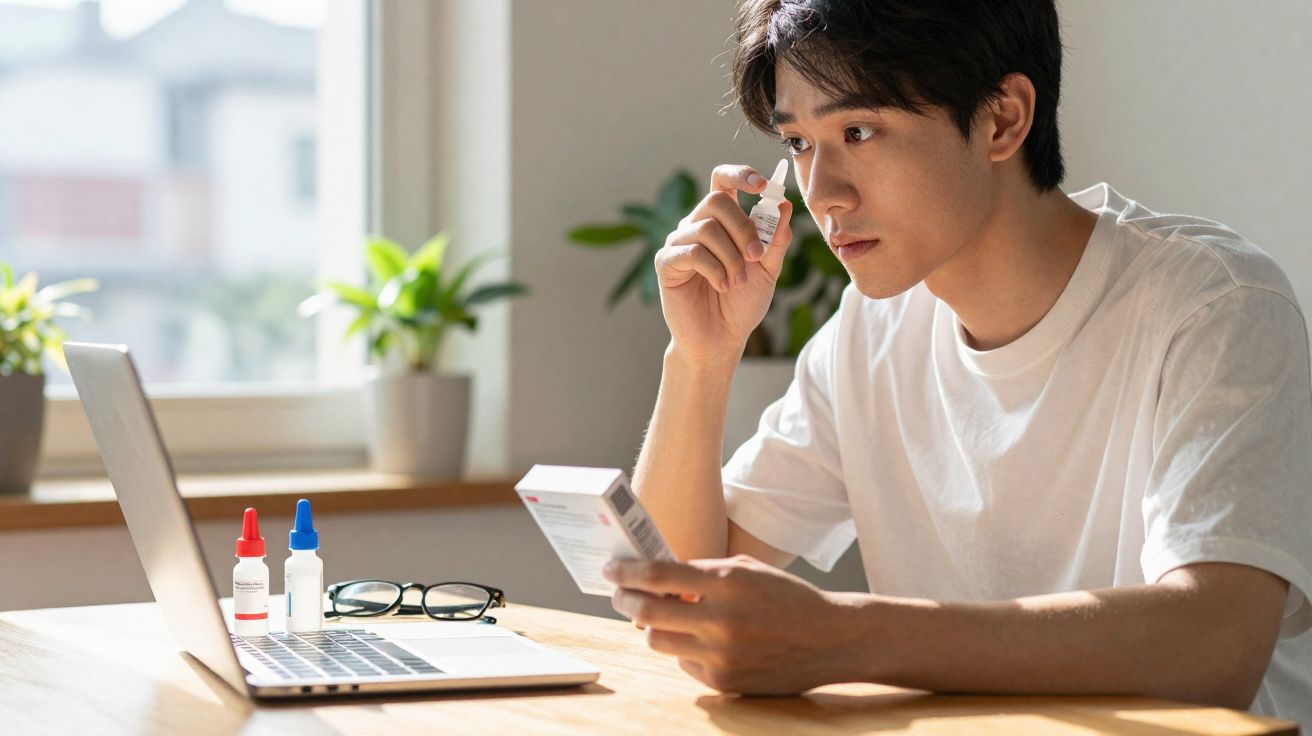 Jovem lendo bula e aplicando colírio no olho enquanto usa laptop em mesa iluminada.