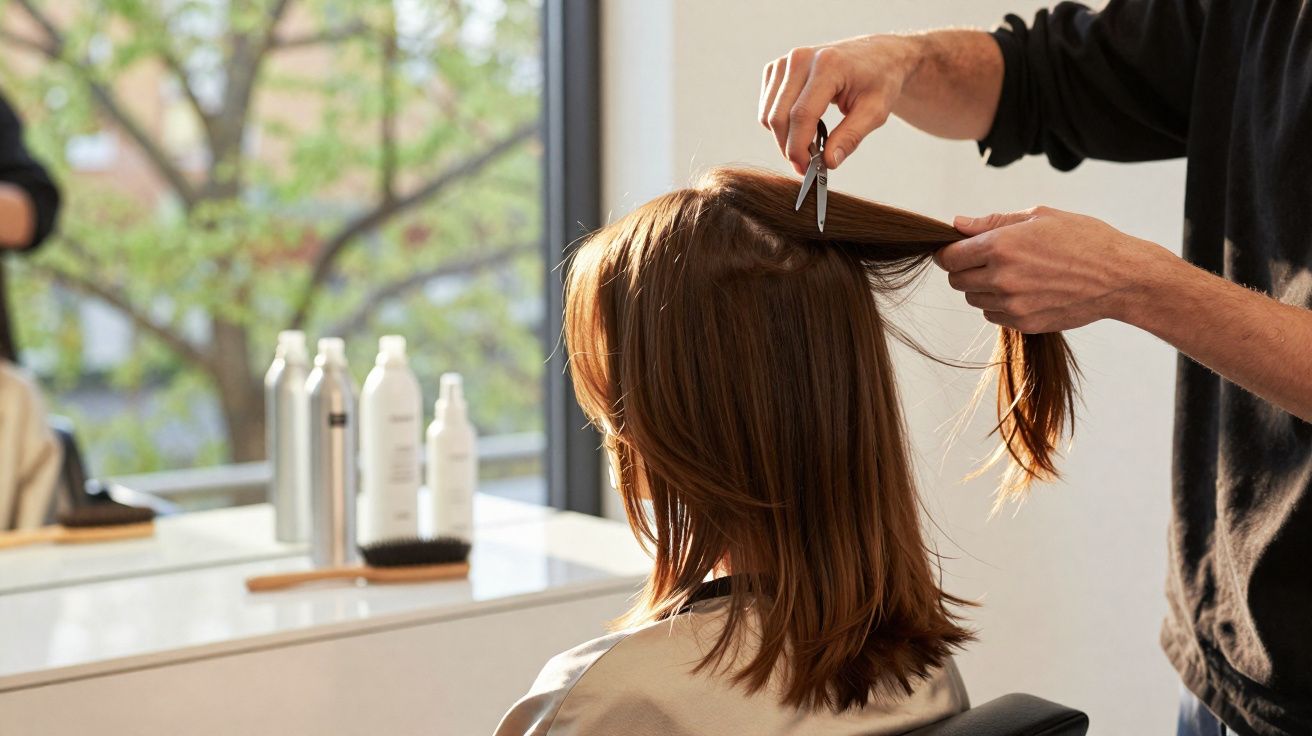 Pessoa cortando cabelo castanho claro em salão com luz natural e produtos sobre bancada branca.