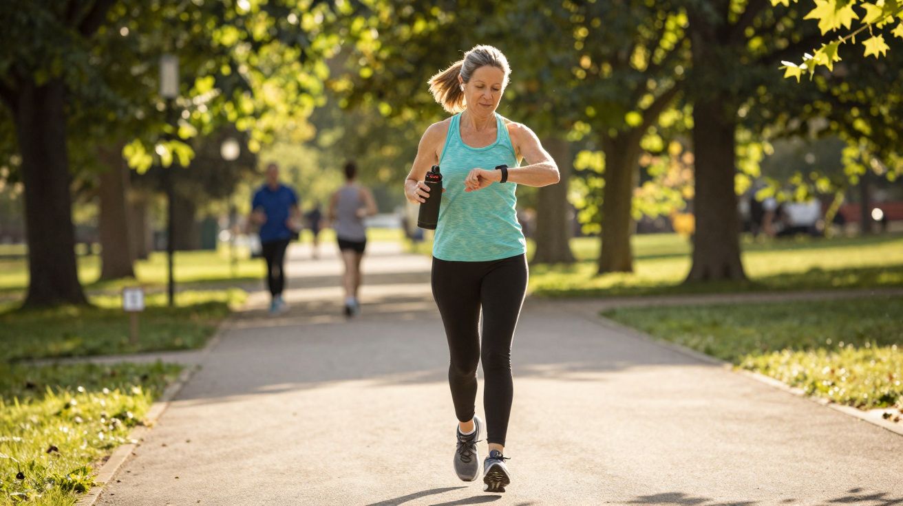 Mulher correndo em parque, olhando relógio, com camiseta azul e legging preta em dia ensolarado.